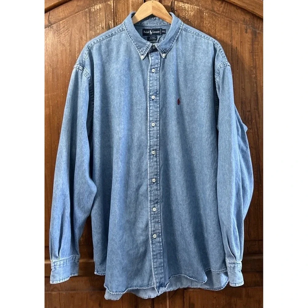 Mens Vintage Polo Ralph Lauren L/S Denim Button Down Shirt Blaire 90s Sz XXL
